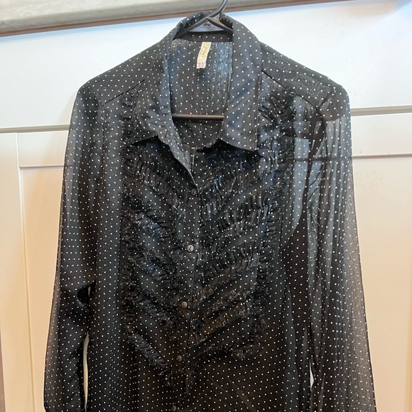 Free People Sheer Blouse Black/White Dots Ruched - Picture 1 of 5
